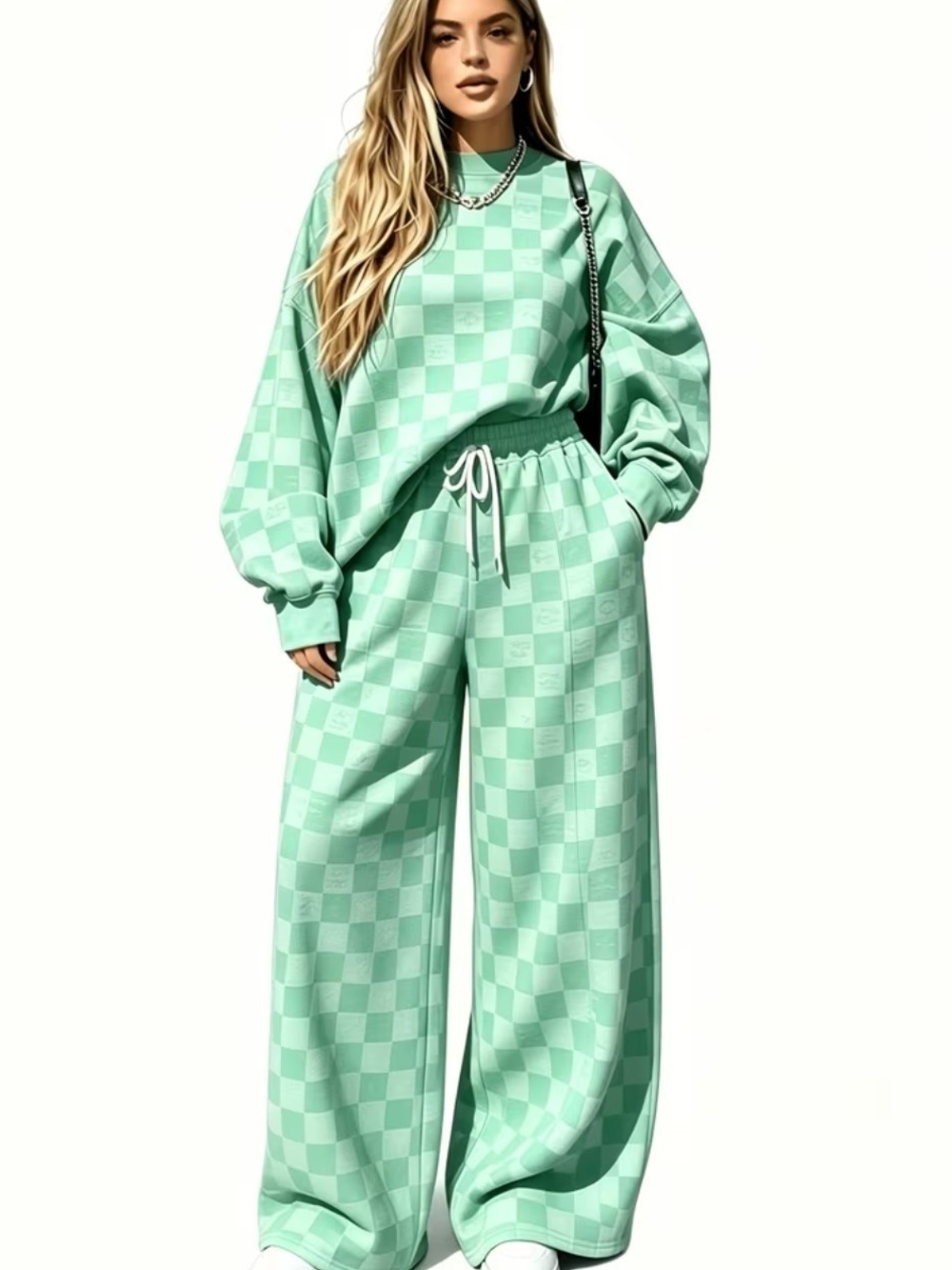 Relaxed Checkered Wide-Leg Sweatpants And Sweatshirt - Mint Green Plus Size